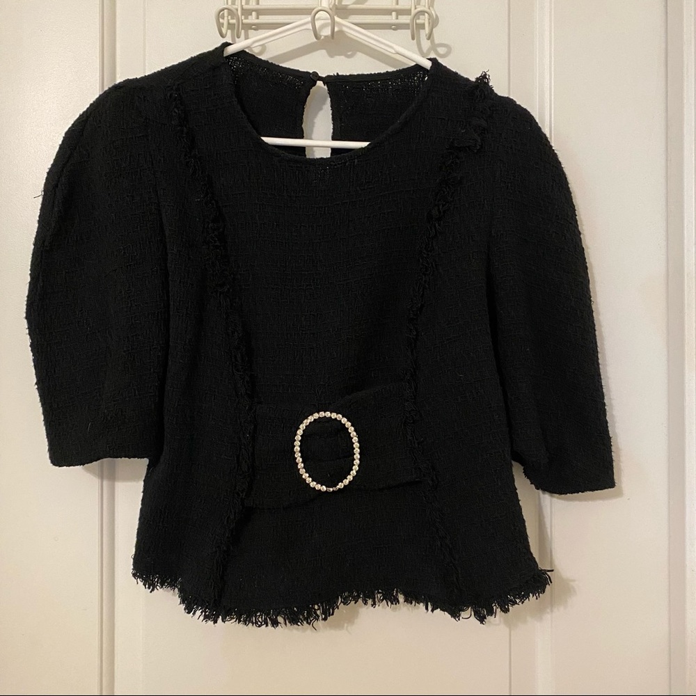Zara Black Tweed Top With Jewel Buckle Size S
